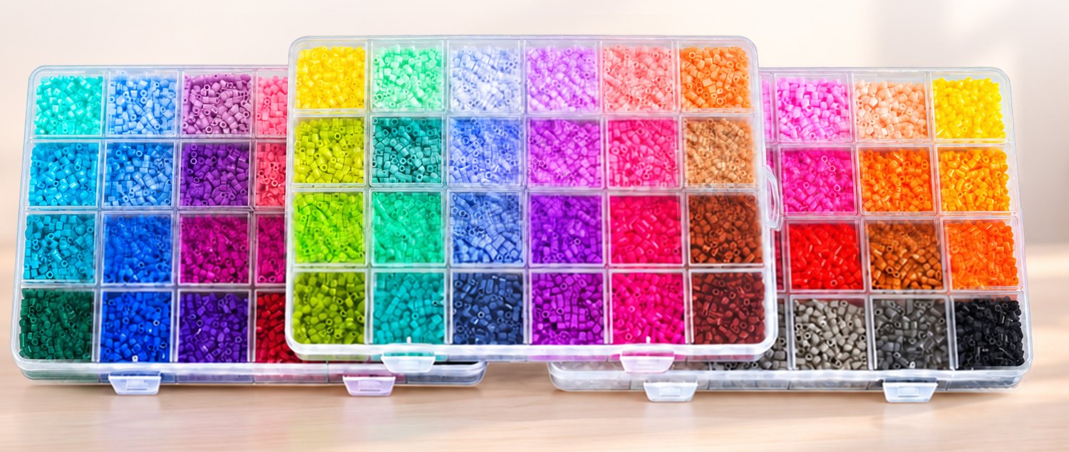 Three trays holding 72 colours of 2.6 mm mini fuse beads