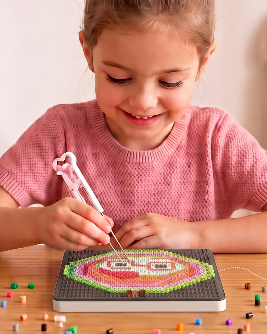 Placing beads on the lit pegboard with the bead pen